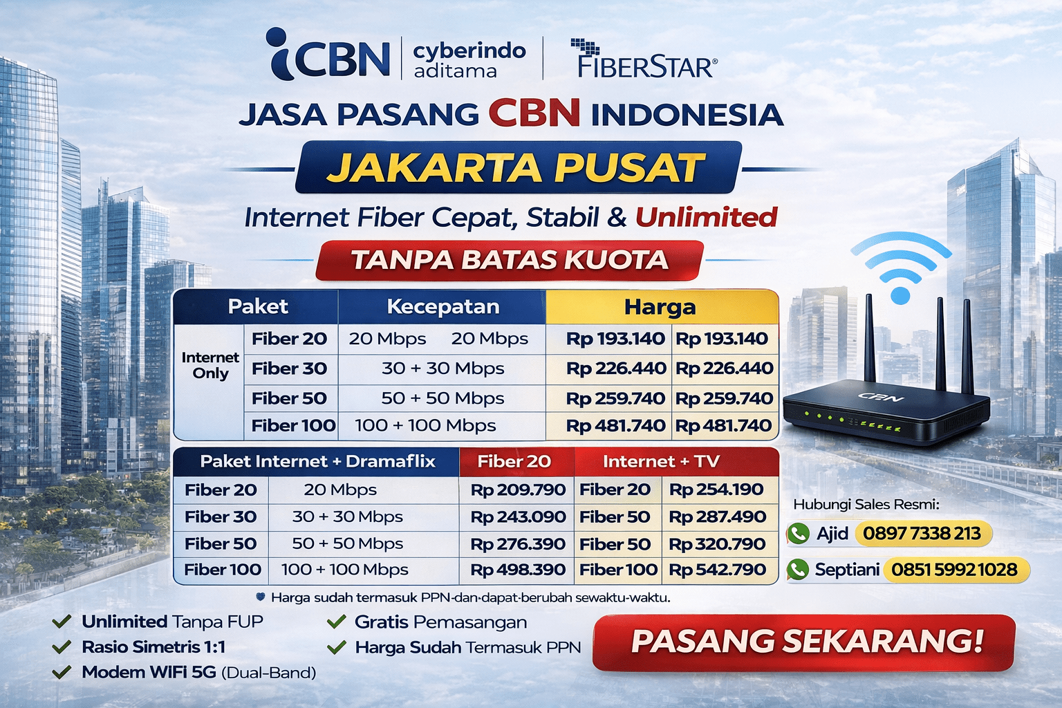 jasa pasang cbn fiber wifi murah di Jakarta Pusat