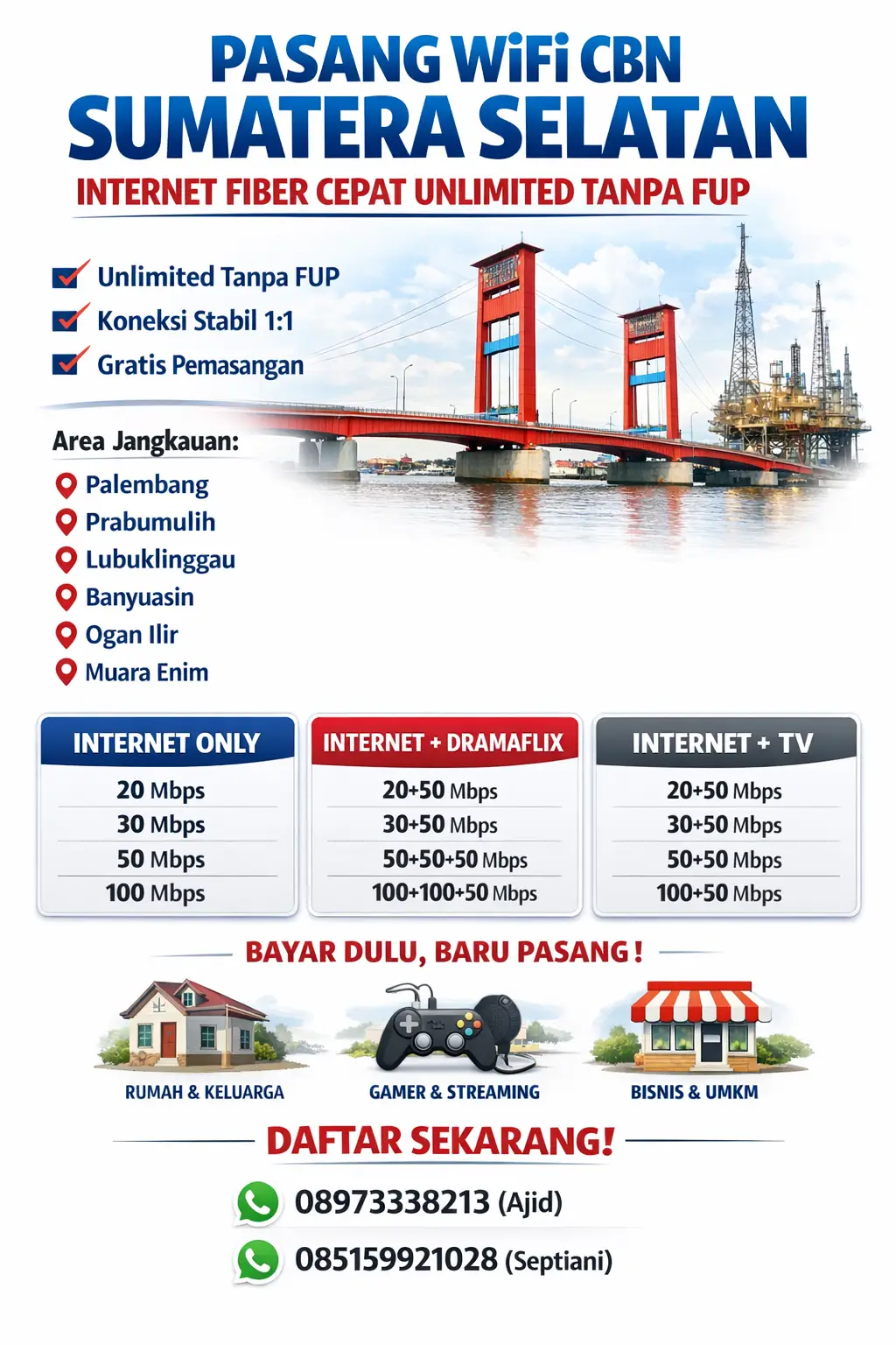 Pasang WiFi CBN Sumatera Selatan – Internet Fiber Cepat Unlimited Tanpa FUP
