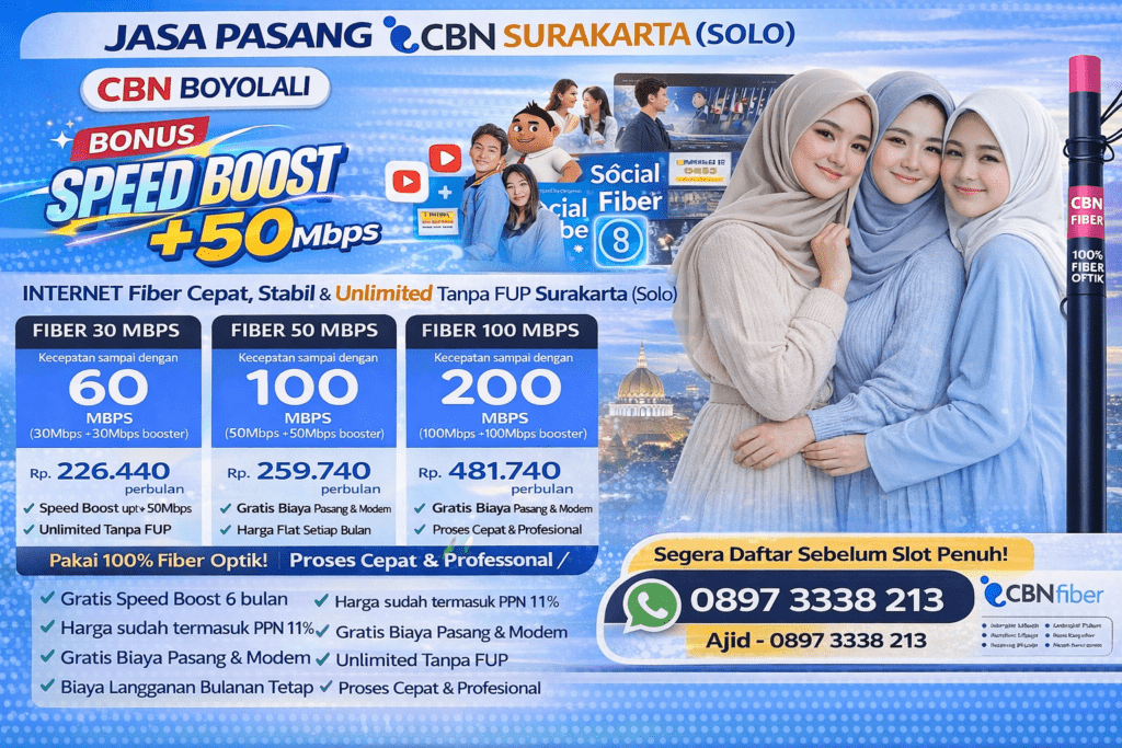 Jasa Pasang CBN Surakarta (Solo) – Internet Fiber Cepat, Stabil & Unlimited Tanpa FUP