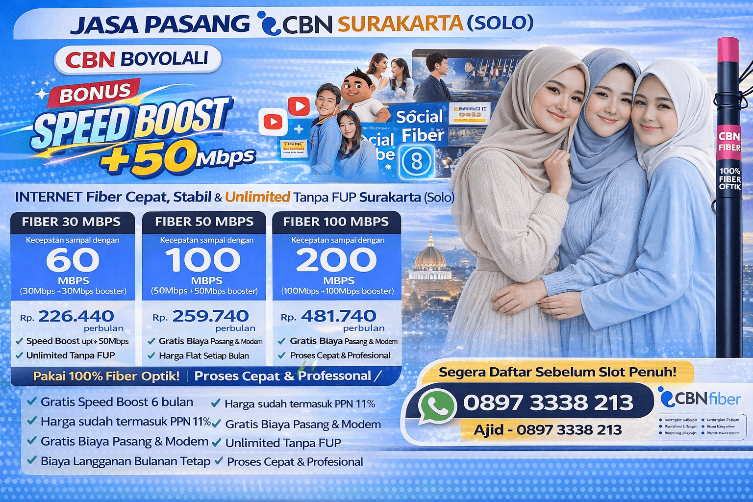Jasa Pasang CBN Surakarta (Solo) – Internet Fiber Cepat, Stabil & Unlimited Tanpa FUP