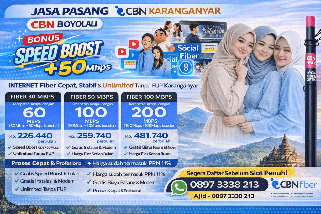 Jasa Pasang CBN Karanganyar – Internet Fiber Cepat, Stabil & Unlimited Tanpa FUP